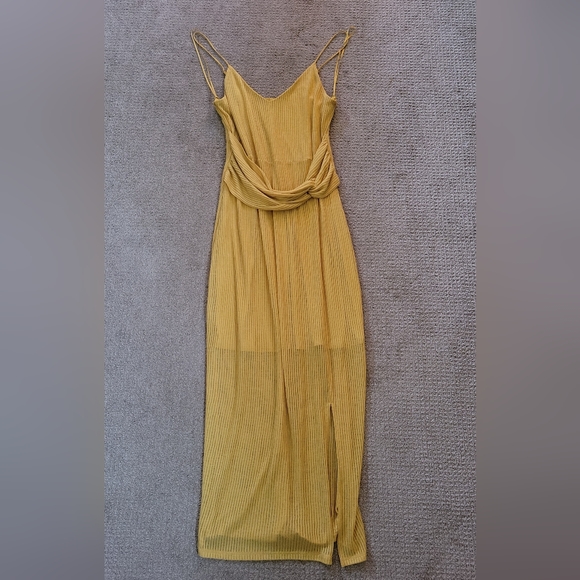 Express Dresses & Skirts - Express Mustard Yellow Midi Grecian Style Ribbed Belted Lined Slit Bodycon Dress